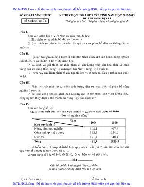 Đề thi chọn học sinh giỏi môn Địa lý Lớp 9 - Năm học 2012-2013 - Sở giáo dục và đào tạo Vĩnh Phúc (Có đáp án